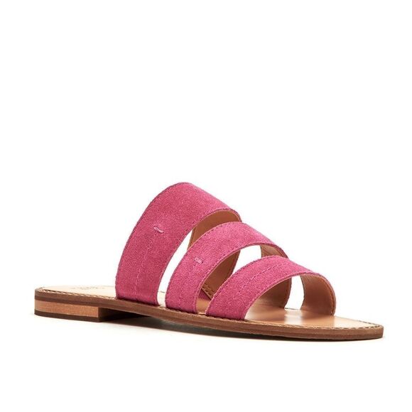 New! FRYE Evie Suede Leather 3-Band Flat Slide Sandals Open-Toe Magenta Size 8.5 - Picture 1 of 4